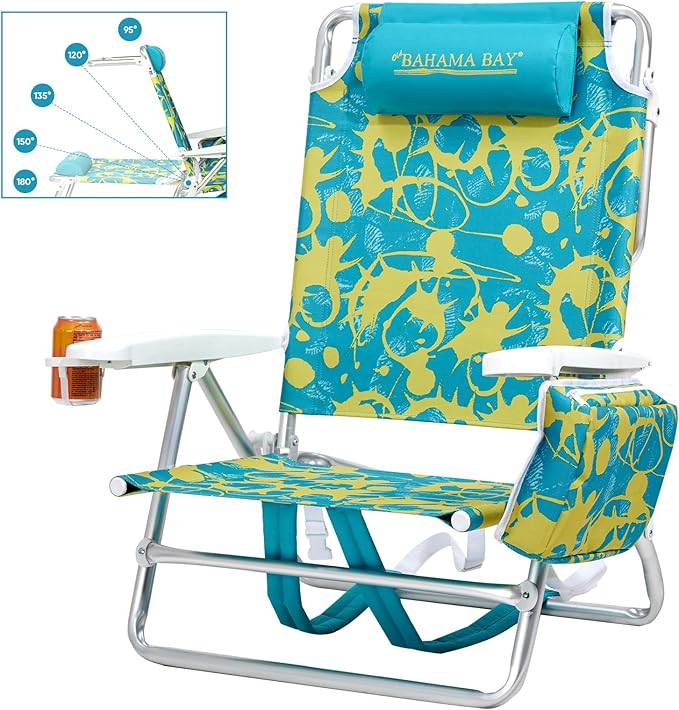 Old Bahama Bay Backpack Beach Chair Aluminum Lightweight Reclining 5-Position Lounge Chair for Adults Heavy Duty Support 400 LBS Portable Folding with Cooler Bag Camping Chair for Sand Outdoor