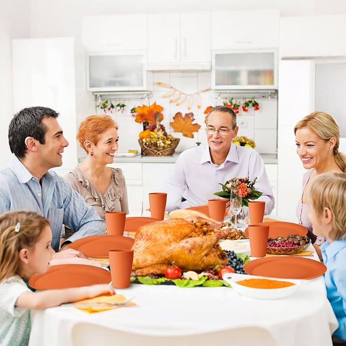 Orange Plastic Dishes Set for 8 includes Dinner PlatesPasta BowlsSoup Bowls and Drinking CupsUnbreakable Orange Plastic Plates Set Microwave Dishwasher Safe For Thanksgiving Dinnerware Sets32PCS