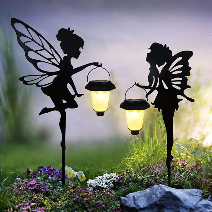 Solar Fairy Garden Stake Decorative Lantern 2 Pack Metal Fairy Angel Garden Silhouette Lights for Lawn Pathway Patio Yard Outdoor Decor