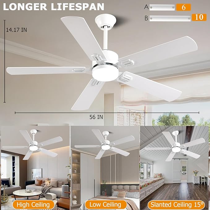 56inch Modern White Ceiling Fans with Lights and Remote/App Control Dimmable LED Reversible DC Motor Noiseless 6 Speeds Low Profile Ceiling Fan for Livingroom Indoor/Outdoor Use