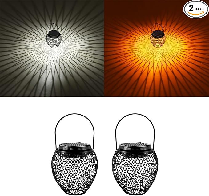 Solar Lantern Outdoor Waterproof IP65 Hanging Lights Outdoor Garden Metal Lanterns Decorative Lighting Powered for Yard Patio Pathway（2 Pack Black）