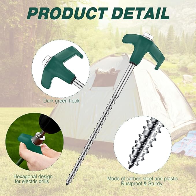 Hicarer 20 Pcs 8'' Screw in Tent Stakes Heavy Duty Ground Metal Stakes for Inflatables with Hex Head Driver for Outdoor Camping Tent Inflatable Garden Decor (Dark Green)