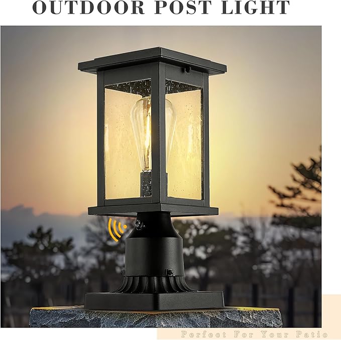 Emliviar Dusk to Dawn Post Light Outdoor 1-Light Exterior Pole Lamp for Porch Outside Pillar Lantern with Photocell Sensor Black Finish with Seeded Glass 1803EW1-P PC