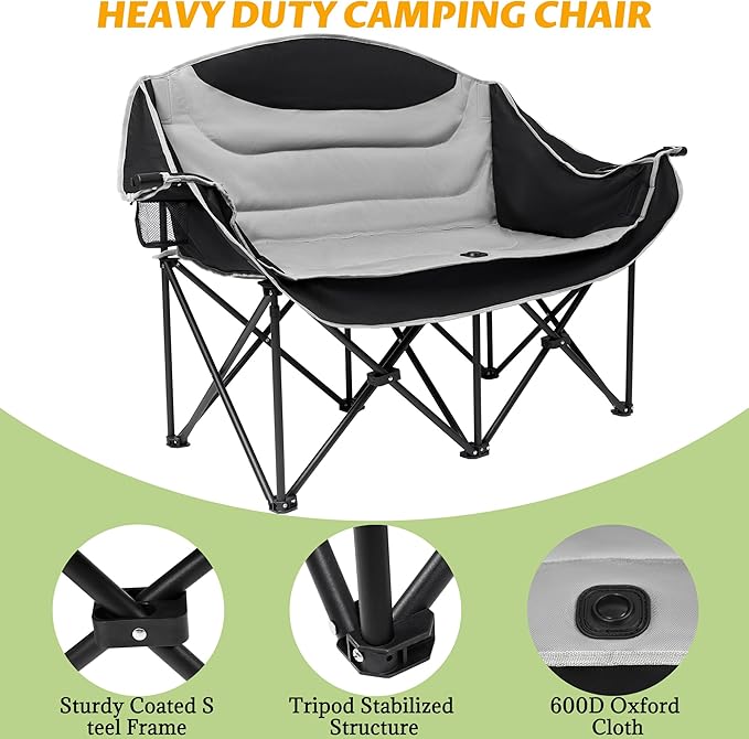 UBALANCE Double Camping Chair for Adults - Heavy Duty 650LBS Portable Camping Chairs Oversized Camping Loveseat Folding Camping Chair for Garden Lawn Sport Picnic Beach Fishing (Gray)