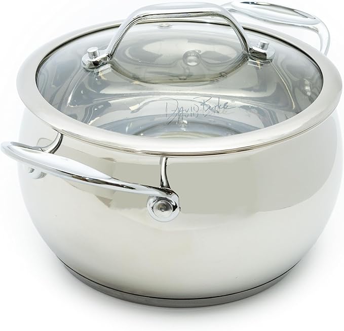 David Burke Splendor Stainless Steel 13.5-Quart Stock Pot with Glass Lid – Side handles For Soup Pasta Stew - Silver