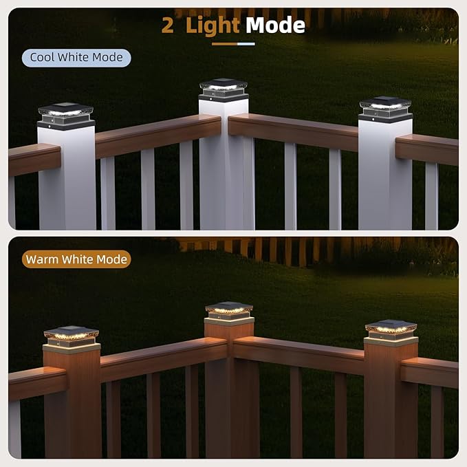 Solar Post Cap Light 4x4/5x5 – 6 Pack Dual Color 800mAh 12H Runtime Auto Dusk-to-Dawn On/Off Black