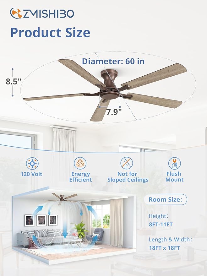 ZMISHIBO 60 Inch Ceiling Fan No Light Flush Mount Low Profile Farmhouse Brown Ceiling Fan Without Light Remote Control &amp Quiet DC Motor for Indoor&ampOutdoor Bedroom Living Room
