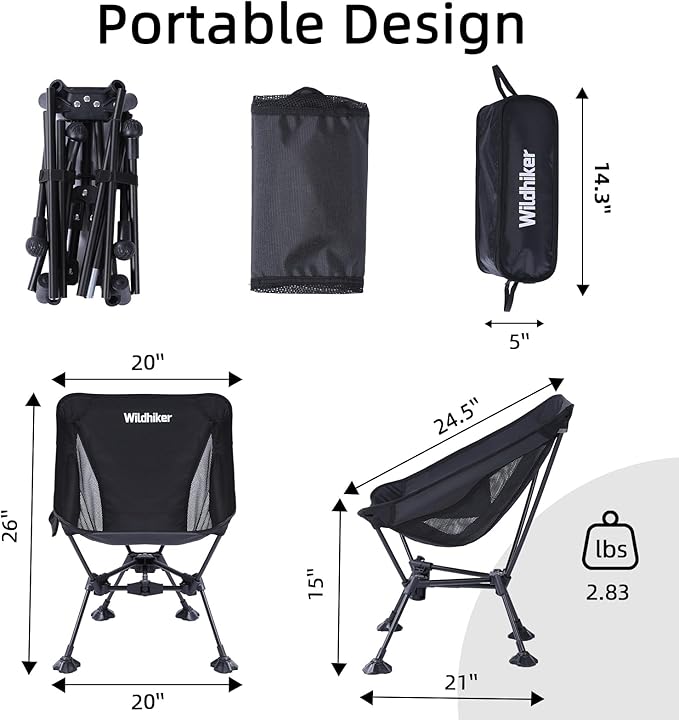Wildhiker 1 Camping Chairs with Deep Recline and High Back and 1 Compact Folding Portable Chair with Anti-Sinking Stable Base Bundle Lightweight for Backpacking Beach RV Festival Travel