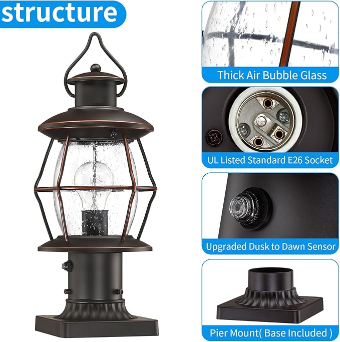 Dusk to Dawn Outdoor Post Lights with Pier Mount Base16.8“ Waterproof Lamp Post Light Fixture Hardwired 120VOil Rubbed Bronze Post Lighting for Driveway Yard Pathway Garden Patio