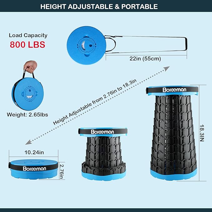 Boreeman 2026 Upgraded Collapsible Stool Lightweight Yet Sturdy with Load Capacity 800lbs Portable Folding Stool for Camping Fishing Hiking BBQ (Blue)
