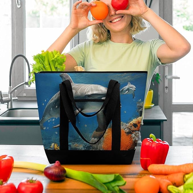 Insulated Shopping BagLarge Reusable Cooler Bags Dolphins Blue Printed Foldable Shopping BagTravel Waterproof Shoulder Bag