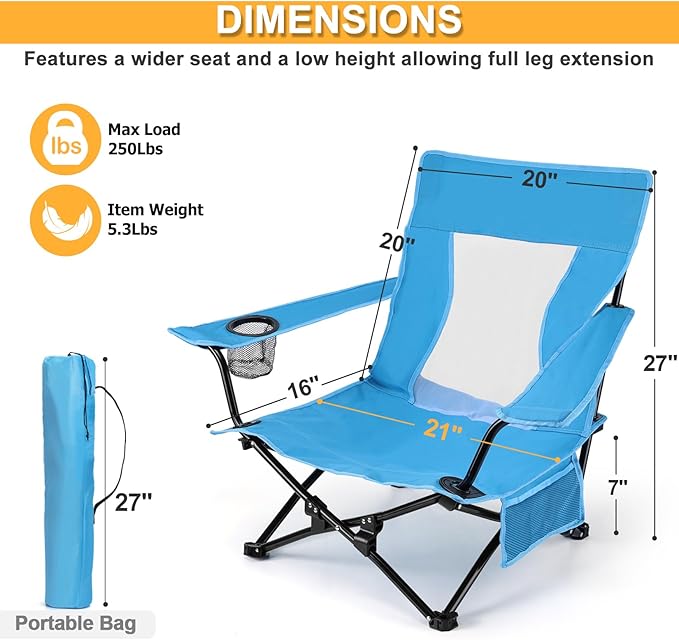 Joyfair Beach Camping Chair (2 Pack) Outdoor Folding Lawn Chair for Adults Heavy Duty Portable Chair with Armrest for Outside Fishing Sport Patio Cup Holder &amp Storage Pocket Carry Bag (Blue)