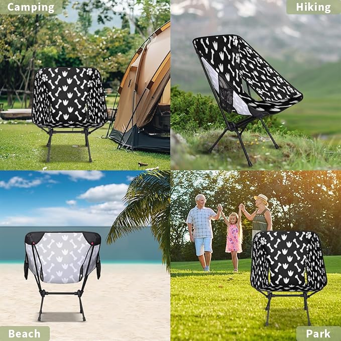 Black White Dog Paw Bone Camping Chair Lightweight Portable Chairs for Adults Easy Installation Outdoor Foldable Camping Chair for Camping Fishing Hiking Picnic Beach