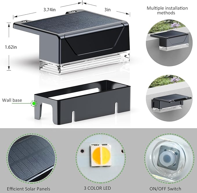 Solar Fence Lights Outdoor - 3000/4000/6000K 3 Mode IP65 Waterproof Fence Lights Solar Powered Dusk to Dawn Solar Light for Outside Backyard/Step/Patio/Deck/Stair Railings and Wall (12 pack)