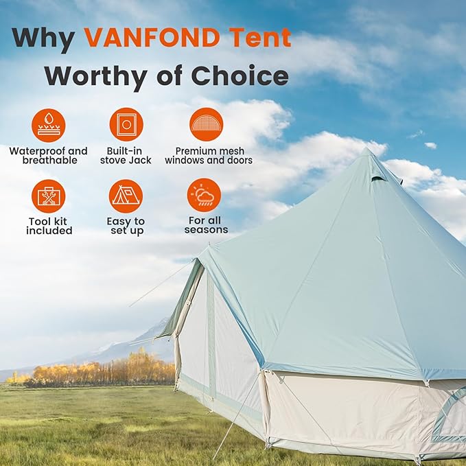 Canvas Bell Tent - 4 Seasons Glamping Tent with Stove Jack for Family Camping - Assorted Colors Waterproof