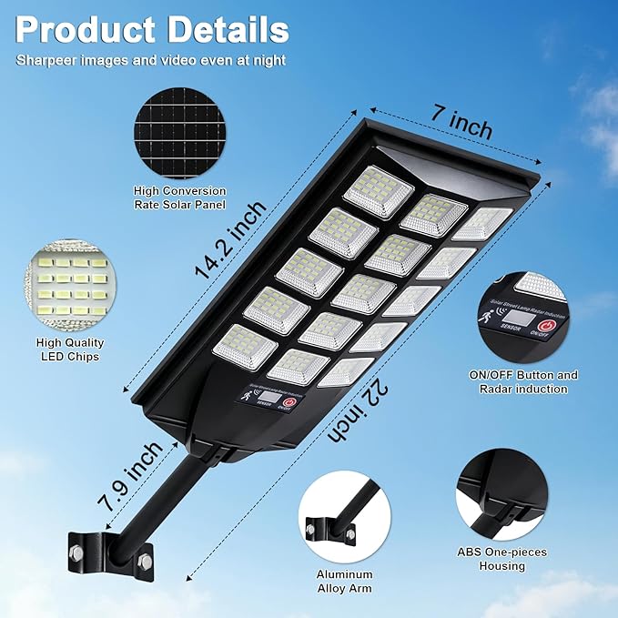 Jercoda Solar Lights Outdoor Waterproof 50000LM 6500K Dusk to Dawn Solar Powered Street Light Motion Sensor with Remote LED Security Flood Light for Outside Garden Yard Parking Lot Pathway 2 Pack