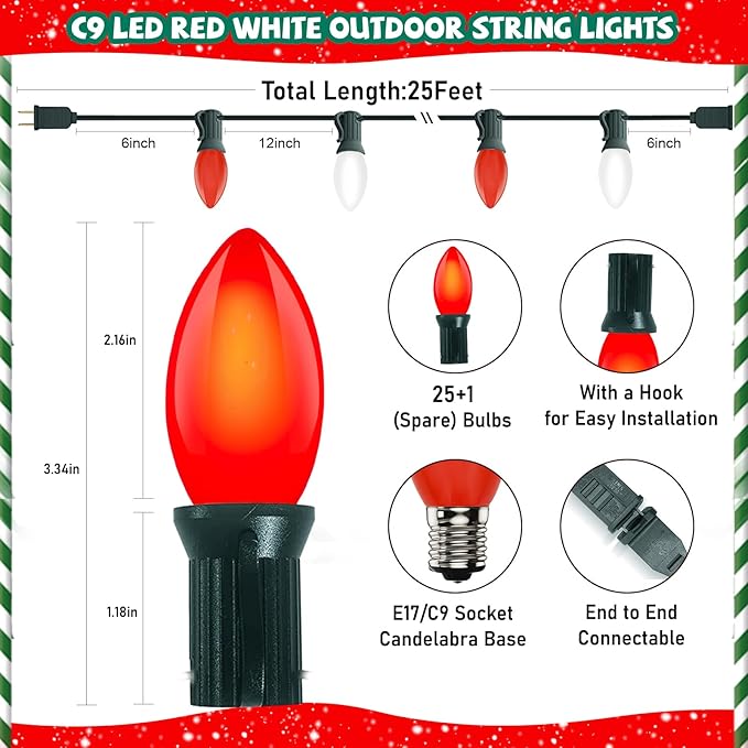 25FT Red and White LED Christmas LightsLED Christmas Lights with 26 C9 Red White Shatterproof Plastic BulbsConnectable Red White String Light for Tree Roofline Indoor Outdoor Decor
