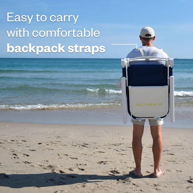 SUNFLOW Shore Thing Premium Beach Chair - Adjustable Portable Rust-Resistant Reclining Beach Chair with UPF 50+ Sun Shade and Drink Holder for The Ultimate in Comfort (Ocean Navy)