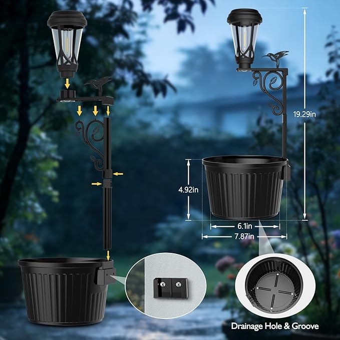 7.9 Inch Outdoor Solar Lights with Pot Dual-Sided 3000K Warm White Lighting 2 in1 (Wall/Stand) Flower Pots Auto on/Off Outdoor Floor Lamp IP65 Waterproof for Yard Patio Porch Pathway Decor