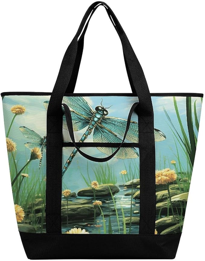 Insulated Shopping BagLarge Reusable Cooler Bags Dragonflies in Flight Printed Foldable Shopping BagTravel Waterproof Shoulder Bag