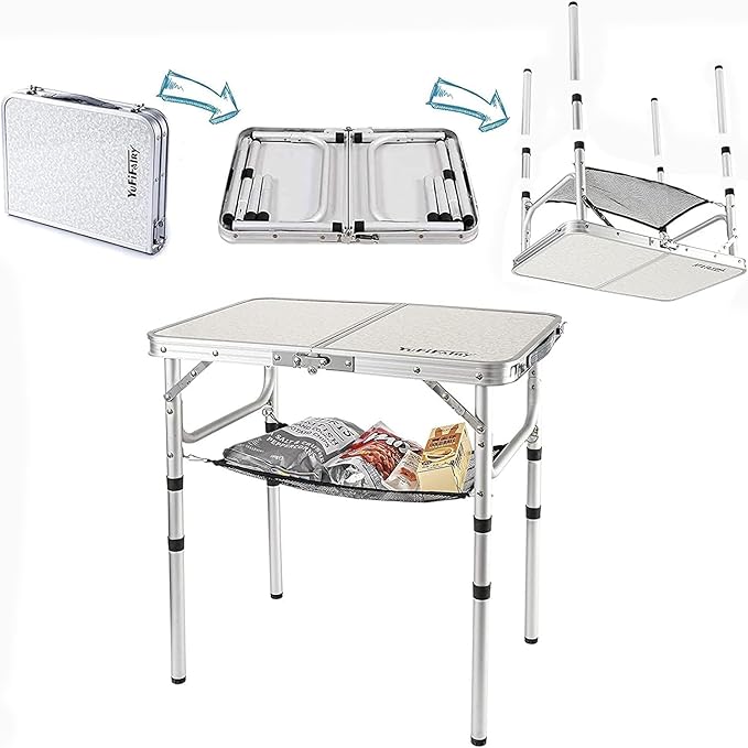 Small Folding Table 2 Foot Portable Camping Table with Mesh HoldersLightweight Aluminum Adjustable Height with Carry Handle for Camping Picnic Indoor Outdoor White 24 x 16 inch (3 Heights）