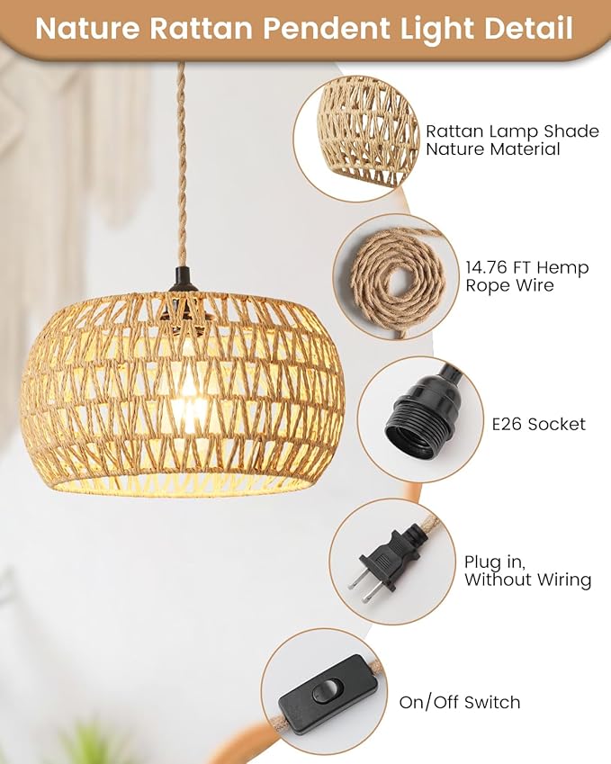 Rattan Boho Hanging Light12.6'' Natural Hand Woven Fabric Drum LightPlug Into Wall Outlet Pendant Light Fixture On/Off Switch for DiningLiving RoomBedroomKitchenHallway Entryway Without Bulb