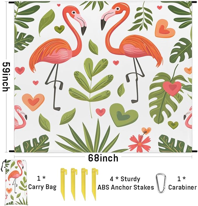 Waterproof Sandproof Beach Blanket 59''×68'' Animal Polyester Outdoor Picnic Blanket with 4 Stakes &amp Storage Bag for BeachCampingVacation Flamingo