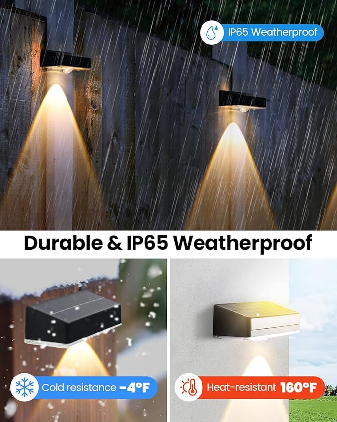 2025 Upgraded Solar Fence Lights Outdoor 8 Pack 3000K-6000K Solar Deck Lights 30H Runtime 12 RGB Modes Solar Powered Wall Lights IP65 Waterproof Auto On/Off for Backyard Patio Step Gutter 1 Lens