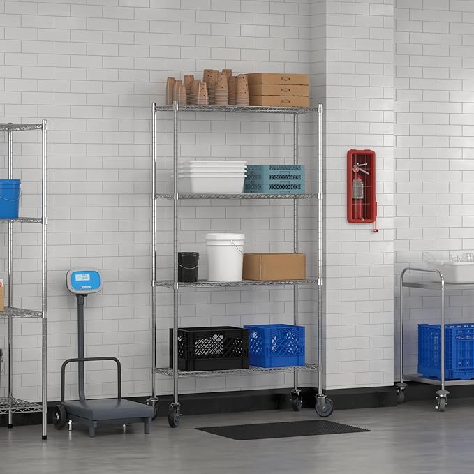 Commercial NSF Listed Chrome Mobile Wire Shelving Kit 14 x 42 x 80 with 4 Shelves Perfect for Warehouse Walk-in Refrigerator Freezer Grocery Store Restaurant Dishroom