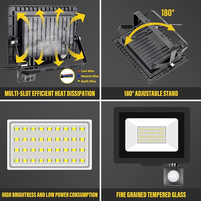 30W Motion Sensor Flood Light Outdoor 3000 LM Outdoor LED Spotlight IP66 Waterproof 6000K Daylight Security Lights for Garden Garage Yard Sports Ground （2 Pack） 110V