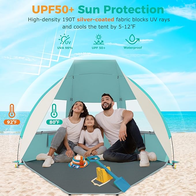Gorich Portable Beach Tent for 3/4-5/6-7 Person with UPF 50+ UV Protection Lightweight &amp Foldable Sun Shelter with 5 Sand Bags Easy Setup Windproof Beach Umbrella Sun Shade