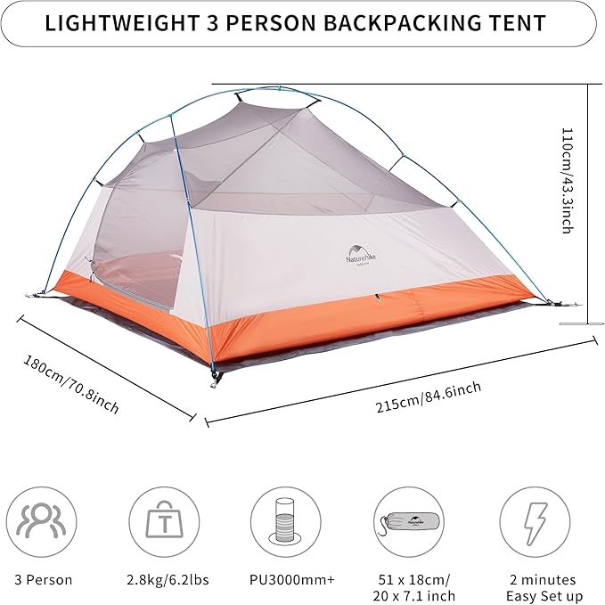 Naturehike Cloud Up 3 Person Backpacking Tent with Footprint - 3 Season Free Standing Lightweight 3 Person Camping Tent | with Footprint Free Standing Dome Camping Hiking Waterproof