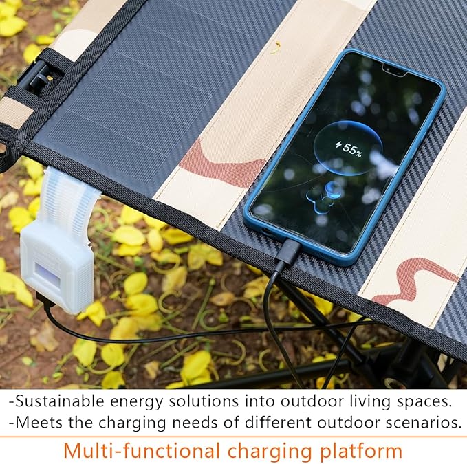 ECOeshiner Solar Folding Table 28W Camping Table - Solar Charging Mesh Bag Two USB Ports Heat + Water + Splash Resistant Solar Powered Beach Table Picnic Table Outdoor Table
