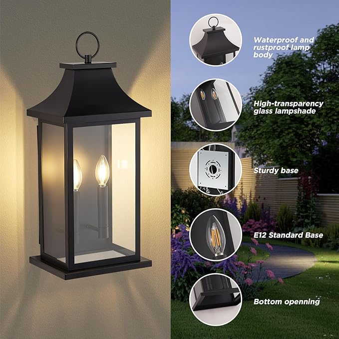 Large Outdoor Wall Lights Outdoor Lighting Exterior Lighting Fixtures Wall Mount Wall Sconce Light Outdoor Lanterns for Porch Black 22 inch 2-Light 1-Pack
