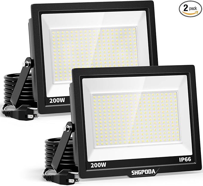 2 Pack 200W LED Flood Lights Outdoor 24000LM Brighter Security Lights with Plug+10ft Cord IP66 Waterproof 5000K White Floodlight for Yard Garden Stadium Playground Arena