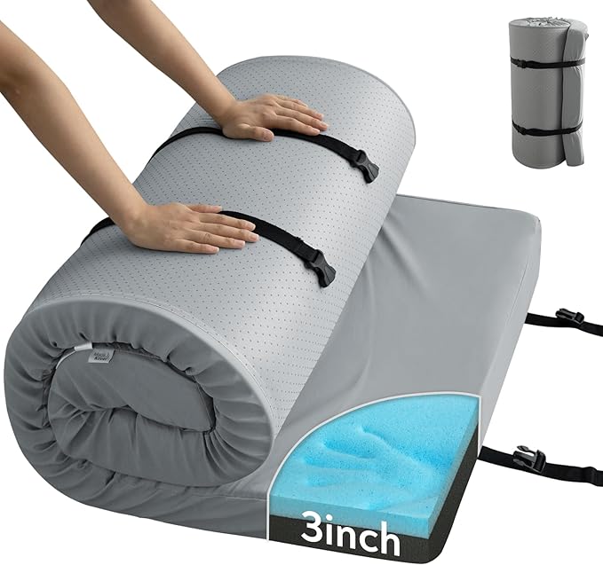 Memory Foam Camping Cot Mattress Pad 3 Inch Thick Sleeping Pad with Waterproof Cover Portable Roll up Cot Mattress Pad Mat for Travel Truck Bed Tent Non-Slip Bottom 72×24×3 Gray