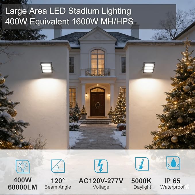 Upgrade 400W Outdoor Flood Lights with Brim AC100-277V LED Stadium Lights 60000Lm Eqv. 1600W HPS IP65 Waterproof Area Lighting with Adjustable U Bracket-2Pack
