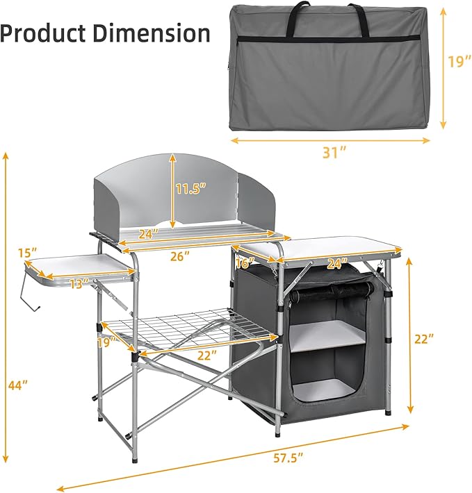GYMAX Aluminum Portable Camping Kitchen Folding Cooking Table with 26 Tabletop Detachable Windscreen &amp Carrying Bag Outdoor Grill Table for BBQ Backyards