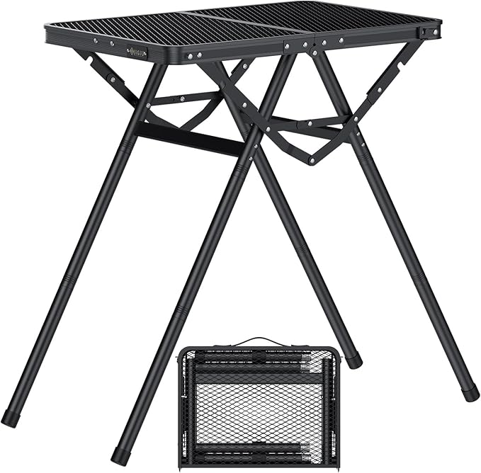 JiGiU Folding Camping Table Height Adjustable Aluminum Alloy Foldable Pinic Table 180lbs Capacity with Handle Stable Triangle Feet for Outdoor Indoor Hiking Camp BBQ Beach (Black Iron Mesh Tabletop)