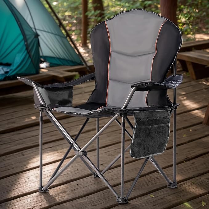 Large Camping Chair with Side Table Heavy Duty 500LBS - Folding Outdoor Chair with Cooler Bag (Black &amp Light Gray 1 PCS)