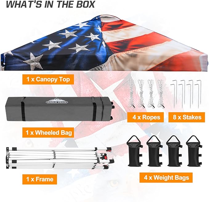 EAGLE PEAK Pop Up Canopy Tent with Wheeled Carry Bag 8 Stakes 4 Ropes 4 Weight Bags Easy Set Up Tent Canopy 10x10 ft 100sqft of Shade Stars and Stripes