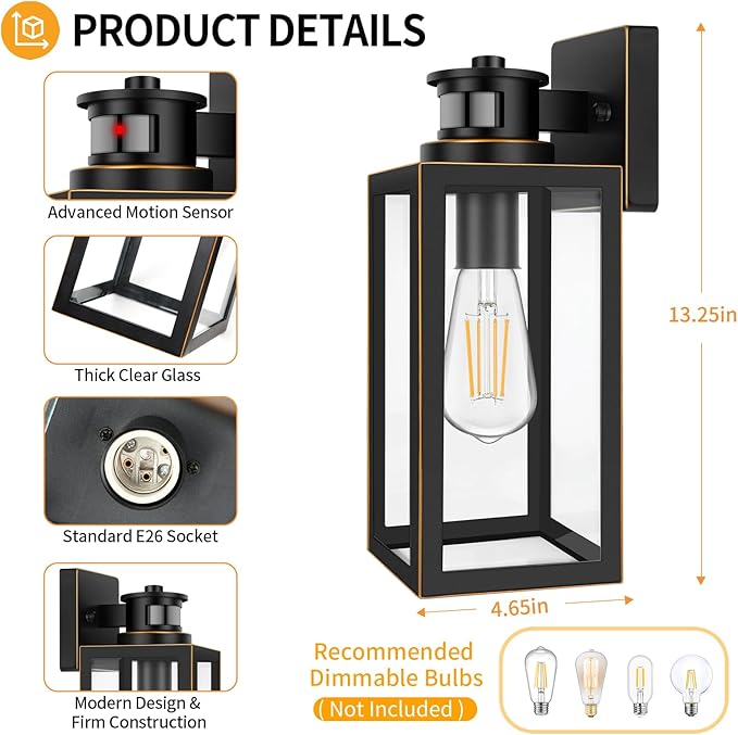 2-Pack Motion Sensor Outdoor Wall Lights Waterproof Dusk to Dawn Exterior Wall Light Fixtures Oil Rubbed Bronze Outside Porch Lights for House Garage Motion Sensor Wall Lanterns with Clear Glass