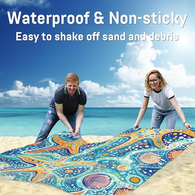 Waterproof Sandproof Beach Blanket 59''×68'' Bread Starfish Polyester Outdoor Picnic Blanket with 4 Stakes &amp Storage Bag for BeachCampingVacation Blue