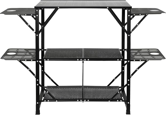 VEVOR Camping Kitchen Table Aluminum Folding Portable Outdoor Cook Station with 4 Iron Side 2 Shelves &amp Carrying Bag Quick Installation for Picnic BBQ Beach Traveling
