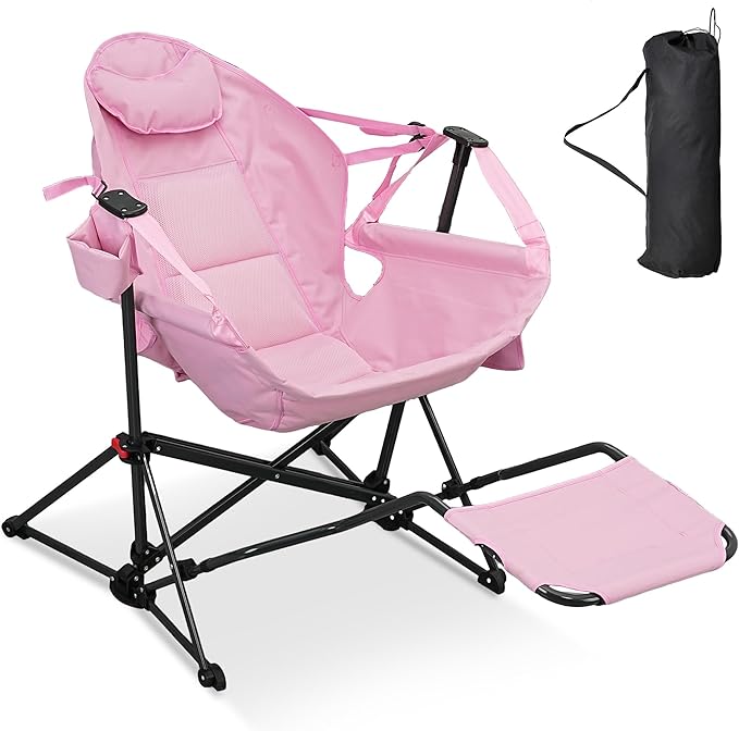 Ainfox Hammock Camping Chair with Footrest Foldable Rocking Chairs for Adults Outside Swinging Camp with Cup Holder Pillow for Outdoor Patio Garden (Pink)
