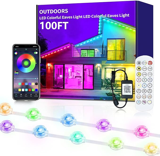 Permanent Outdoor Lights 100FT RGB+IC Smart Eaves Lighting with 50 LEDs 16 Million Colors IP68 Waterproof for Year-Round and Holiday Use