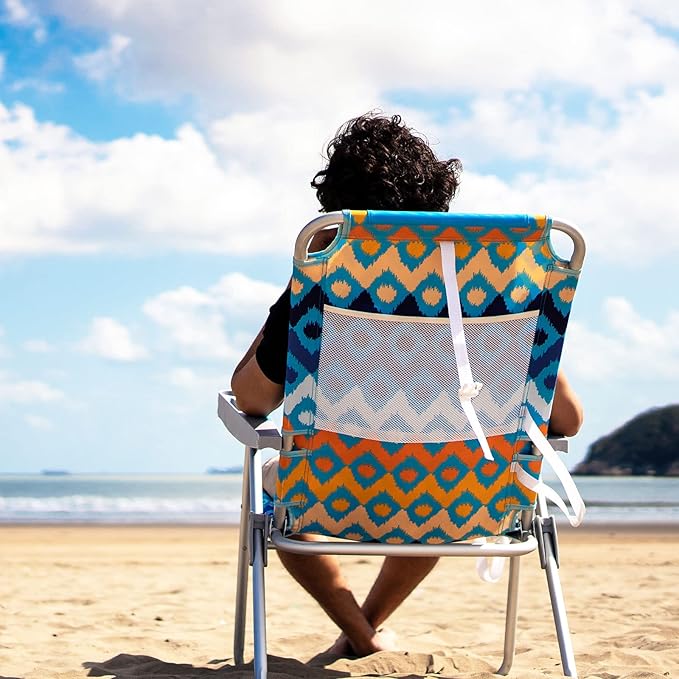 SUNNYFEEL Extra Wide 28 Folding Beach Chair 5 Position Lay Flat Portable 17 Tall Camping Chair with Cup Holder for Outdoor/Lawn/Trip/Picnic Lightweight Foldable Sand Chairs for Adults (Wave)