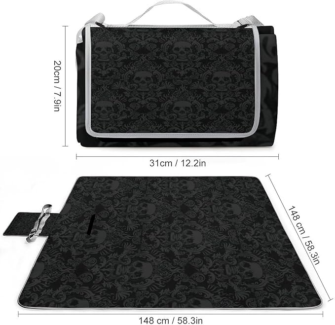 Gothic Skulls Damask Style Black White Waterproof Outdoor Picnic Blanket Sandproof Beach Mat for Camping Hiking Grass Travelling