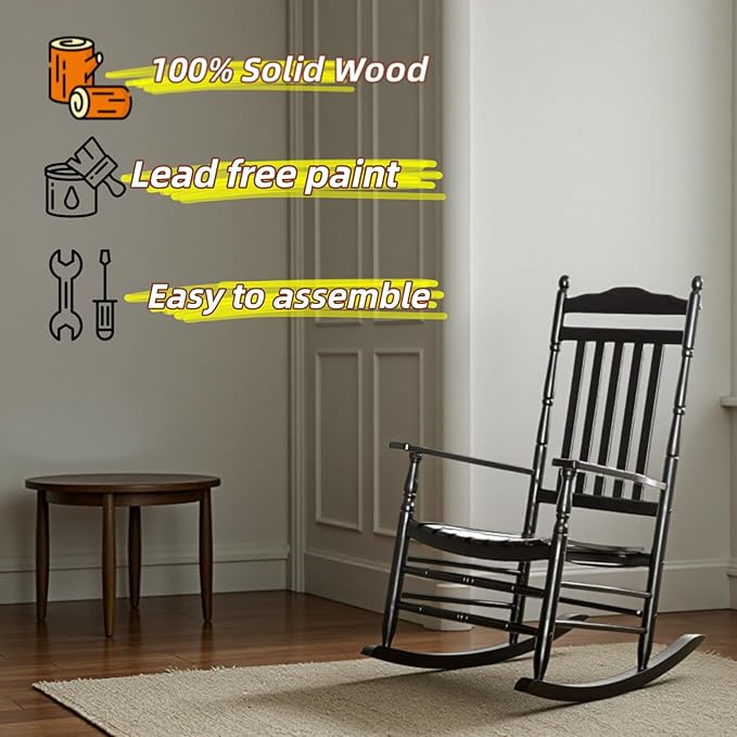 Outdoor Patio Rocking Chairs Set of 2 Porch Wooden Comfy Rockers for Adult Furniture Indoor Outside Camping Balcony Garden Backyard Lawn and Bistro Black