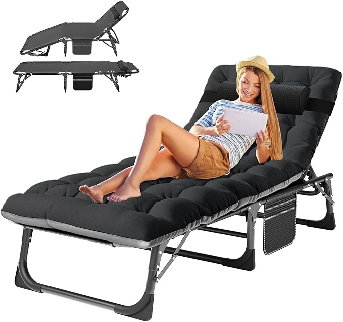ABORON 5 Positions Camping Cots for AdultsOutdoor Folding Sleeping Cot/MatFolding Chaise Lounge Chair with PillowPortable Reclining Chair for Beach Lawn Camping PoolSunbathing Chairs